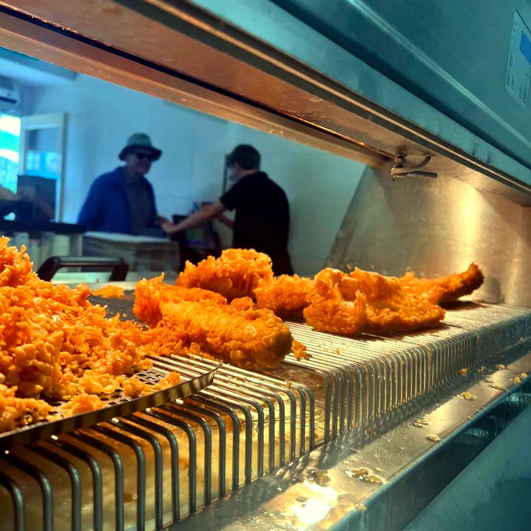 Golden battered fish fresh from the fryer